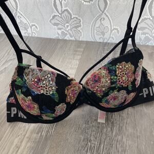Pink Victoria Secret Bra 34B Date Push Up Black Floral Lace Crisscross Size 34b